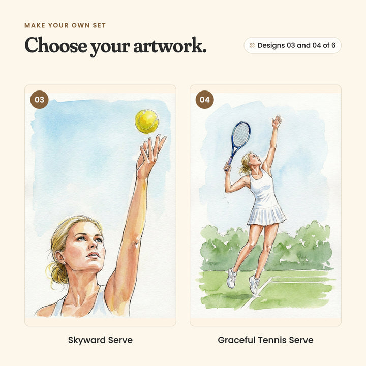 Designs 03 and 04 of 6: Skyward Serve, a close-up of the player tossing a yellow ball up to serve, and Graceful Tennis Serve, the player leaping into a serve