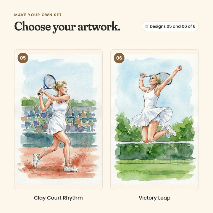 Designs 05 and 06 of 6: Clay Court Rhythm, the player swinging a backhand on a red clay court before a crowd, and Victory Leap, the player jumping in celebration with her racket raised