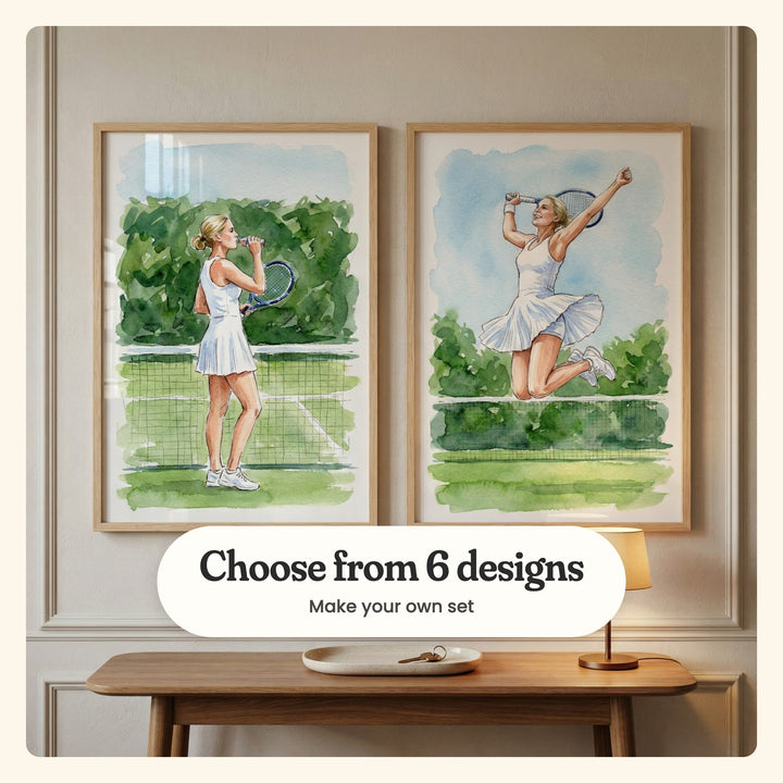 Two tennis prints in light wood frames on a panelled wall above a wood console with a key tray and a brass lamp: the blonde player drinking water by the net on a grass court and jumping in celebration with her racket raised, labeled Choose from 6 designs, Make your own set