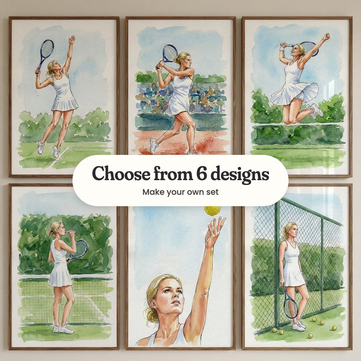 Six tennis prints in walnut frames in two rows, each showing the same blonde player in a white tennis dress: leaping into a serve, swinging a backhand on a red clay court, jumping with her racket raised, drinking water by the net, tossing a yellow ball to serve and leaning on a green fence, with a label reading Choose from 6 designs, Make your own set