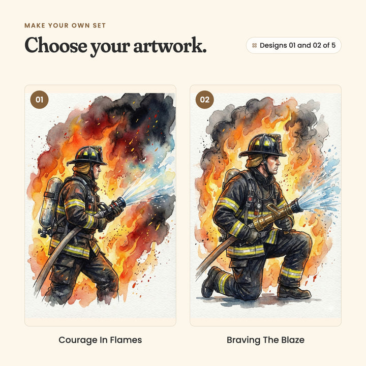 Designs 01 and 02 of 5: Courage In Flames, a firefighter in a black helmet spraying a hose into orange flames, and Braving The Blaze, a firefighter kneeling with a brass nozzle, spraying water into the flames