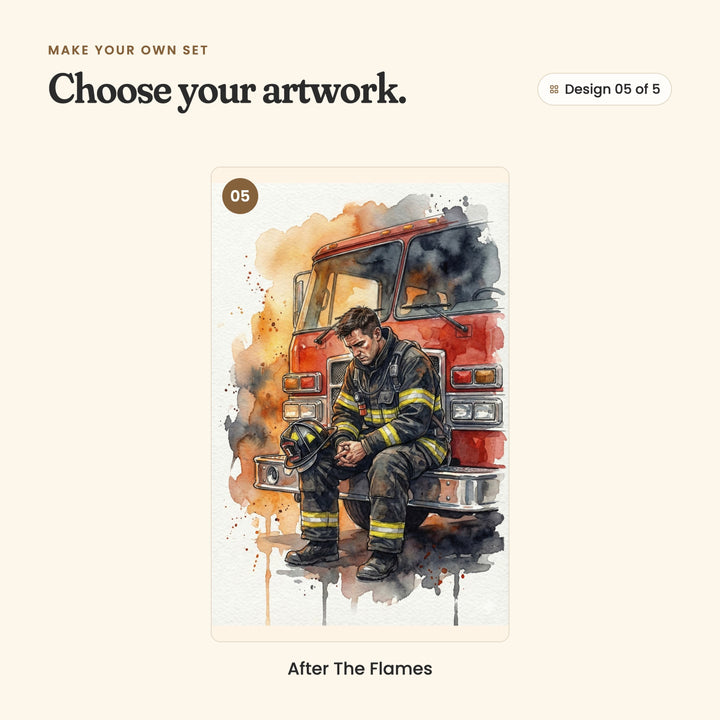 Design 05 of 5: After The Flames, a firefighter resting on the bumper of a red fire truck with his helmet in his hands