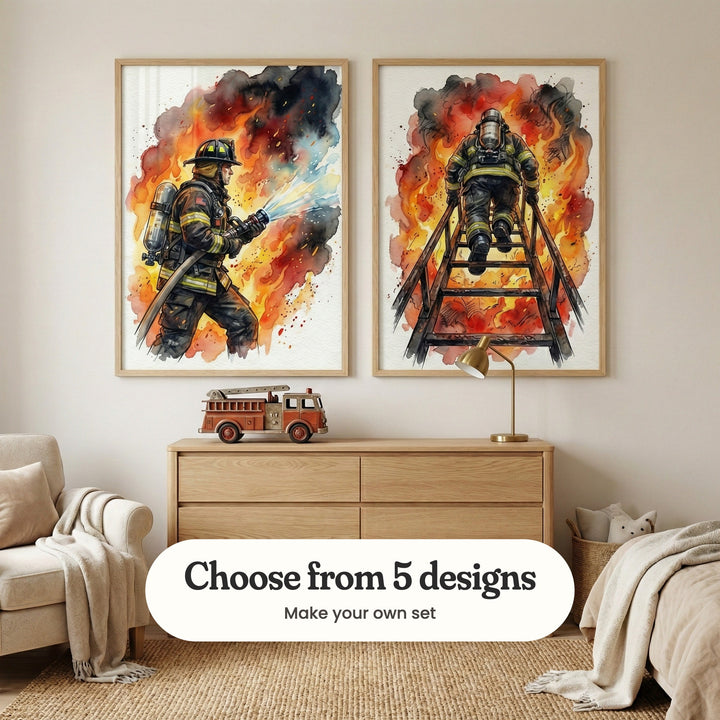 Cream bedroom with two firefighter prints in light wood frames above a light wood dresser with a red toy fire truck and a brass lamp, beside a cream armchair with a knit throw, a basket with a plush toy, a bed with a knit blanket and a woven rug: Courage In Flames and Into The Inferno, with a label reading Choose from 5 designs, Make your own set