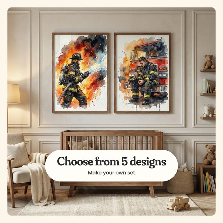 Cream panelled nursery with two firefighter prints in dark wood frames above a wooden crib, beside an armchair with a throw, a floor lamp, wall shelves with teddy bears and books and a wooden toy truck on a rug: Courage In Flames and After The Flames, labeled Choose from 5 designs, Make your own set