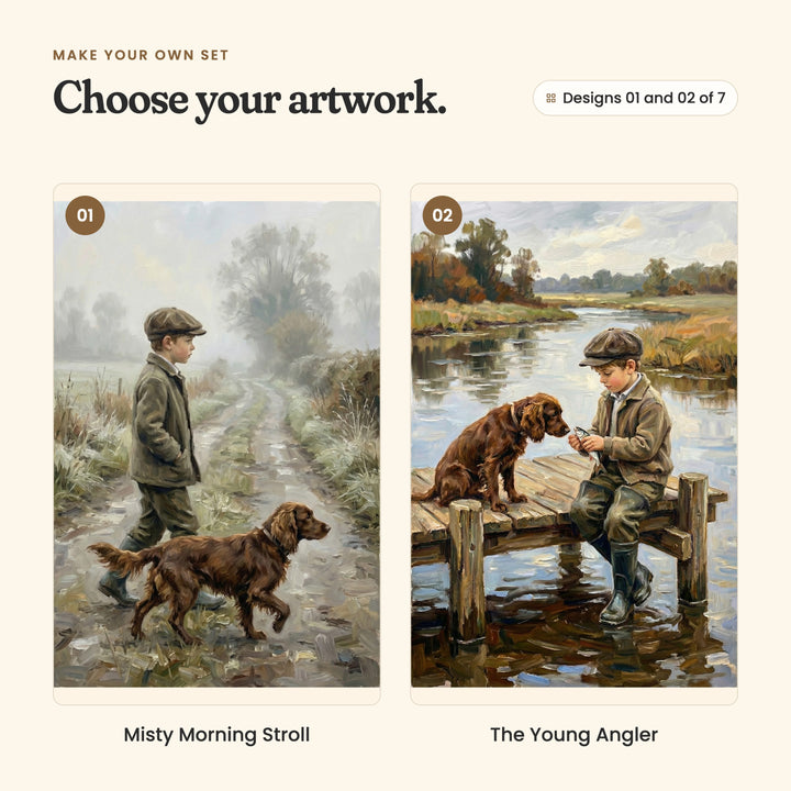 Designs 01 and 02 of 7: Misty Morning Stroll, a boy and his brown spaniel walking down a misty country lane, and The Young Angler, a boy sitting on a wooden jetty with his spaniel beside him