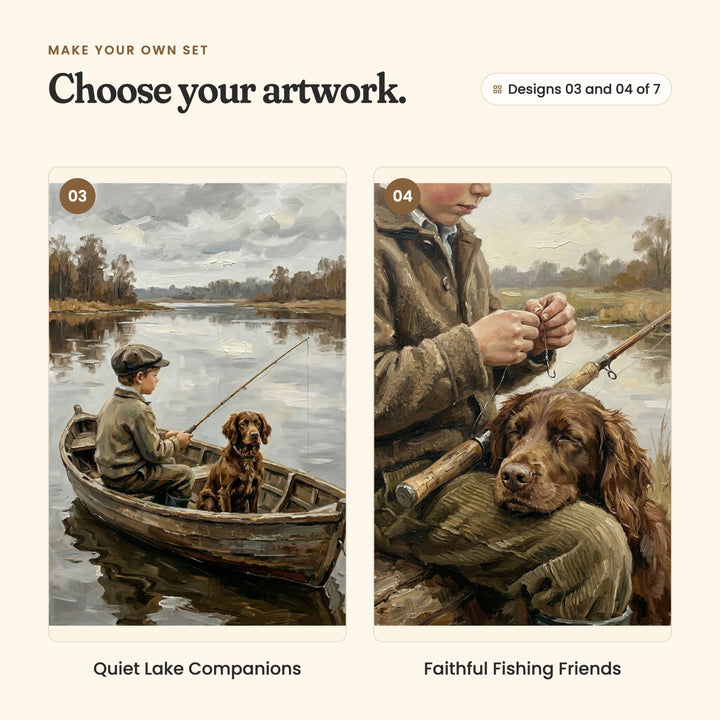 Designs 03 and 04 of 7: Quiet Lake Companions, a boy fishing from a little rowboat with his spaniel on a calm lake, and Faithful Fishing Friends, a close view of a boy tying a fishing line while his spaniel rests its head on his knee