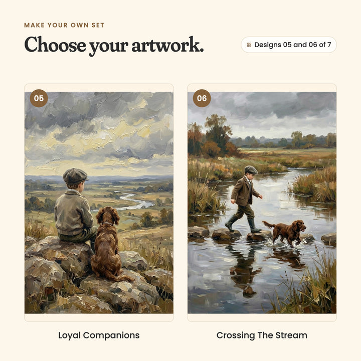 Designs 05 and 06 of 7: Loyal Companions, a boy and his spaniel sitting on rocks above a winding river valley, and Crossing The Stream, a boy and his spaniel stepping across stones in a reedy stream