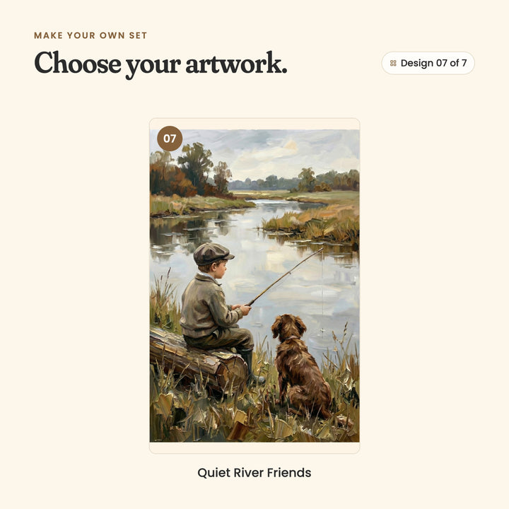 Design 07 of 7: Quiet River Friends, a boy fishing from a log on the riverbank with his spaniel at his side