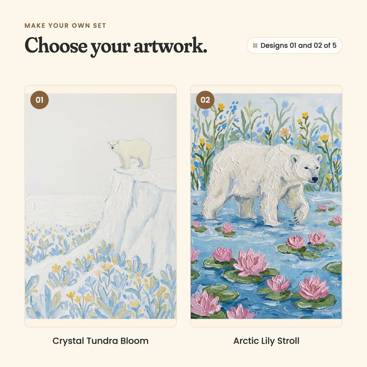 Designs 01 and 02 of 5: Crystal Tundra Bloom, a little polar bear on a snowy cliff above a field of blue and yellow blooms, and Arctic Lily Stroll, a polar bear wading through blue water past pink water lilies