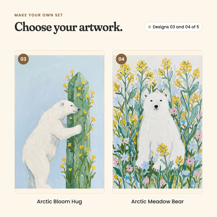 Designs 03 and 04 of 5: Arctic Bloom Hug, a polar bear hugging a tall green crystal dotted with yellow flowers, and Arctic Meadow Bear, a polar bear sitting face forward among tall yellow wildflowers