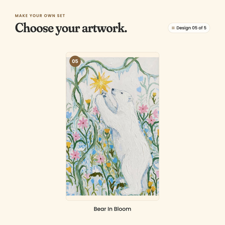 Design 05 of 5: Bear In Bloom, a polar bear reaching up to a golden star among green vines and pink flowers