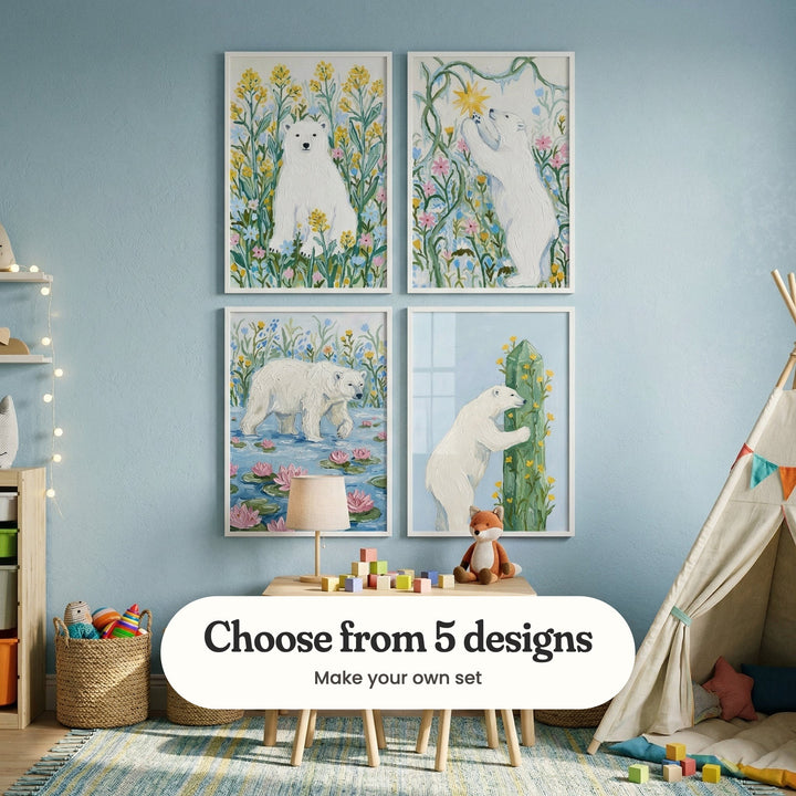 Pale blue playroom with four polar bear prints in white frames in two rows above a small table with a lamp, wooden blocks and a plush fox, beside a canvas teepee: Arctic Meadow Bear, Bear In Bloom, Arctic Lily Stroll and Arctic Bloom Hug, with a label reading Choose from 5 designs, Make your own set