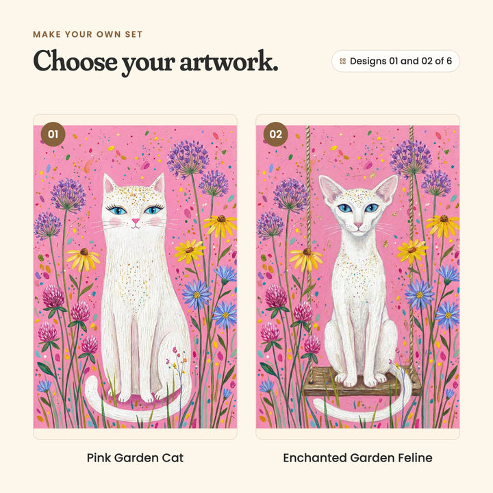 Designs 01 and 02 of 6: Pink Garden Cat, a white cat with blue eyes sitting tall among wildflowers, and Enchanted Garden Feline, a slim white cat sitting on a wooden swing
