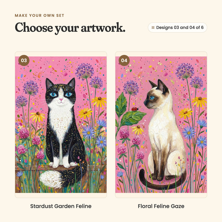 Designs 03 and 04 of 6: Stardust Garden Feline, a black and white cat with gold flecks perched on a bench, and Floral Feline Gaze, a Siamese cat looking at a ladybird on a leaf