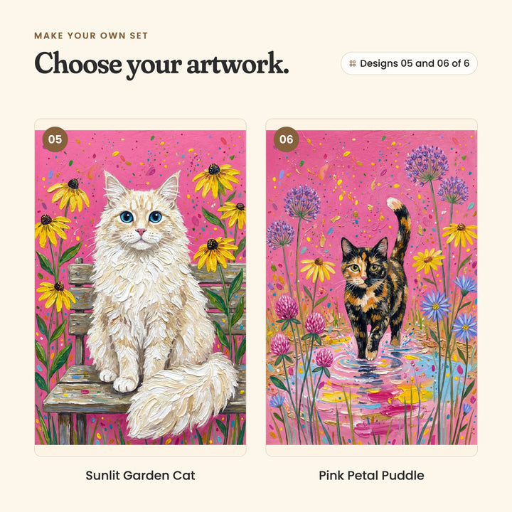 Designs 05 and 06 of 6: Sunlit Garden Cat, a fluffy cream cat sitting on a wooden bench among the flowers, and Pink Petal Puddle, a tortoiseshell cat stepping through a rainbow puddle