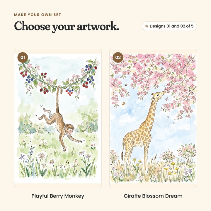 Designs 01 and 02 of 5: Playful Berry Monkey, a monkey swinging from a vine of berries over a meadow, and Giraffe Blossom Dream, a giraffe reaching up into a pink blossom tree