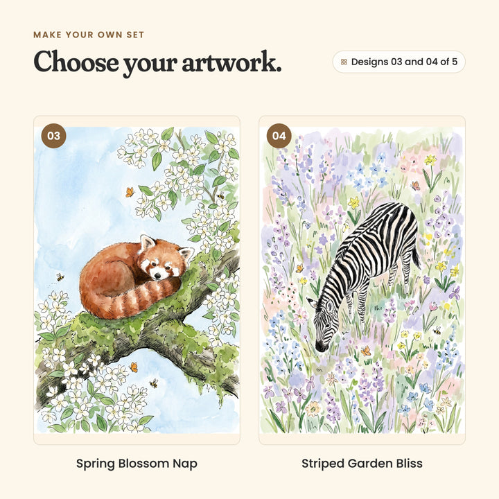 Designs 03 and 04 of 5: Spring Blossom Nap, a red panda curled up resting on a mossy branch of white blossoms, and Striped Garden Bliss, a zebra grazing in a meadow of lavender and blue wildflowers