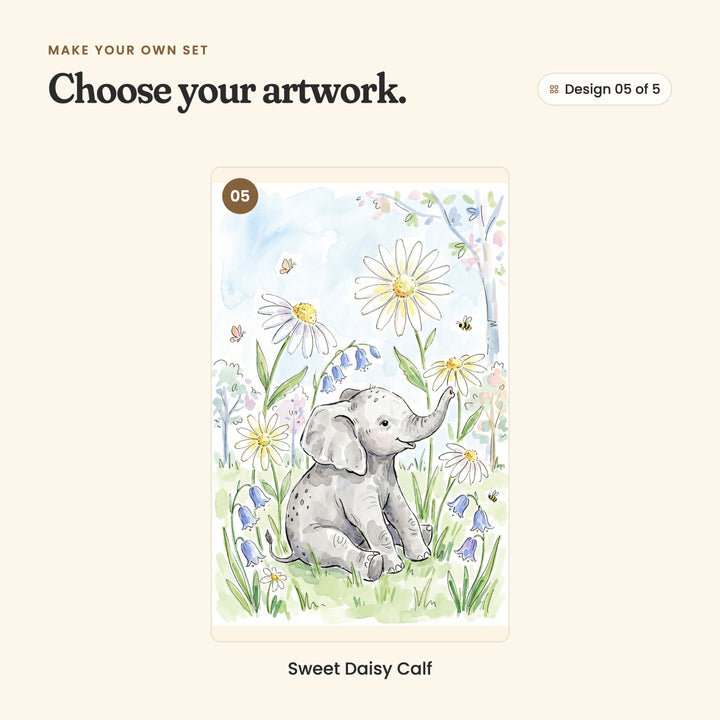 Design 05 of 5: Sweet Daisy Calf, a baby elephant sitting among daisies and bluebells