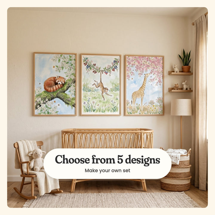Beige nursery with three animal prints in light wood frames above a rattan crib, beside a rocking chair with a plush lamb, a floor lamp and wall shelves with small toys: Spring Blossom Nap, Playful Berry Monkey and Giraffe Blossom Dream, labeled Choose from 5 designs, Make your own set