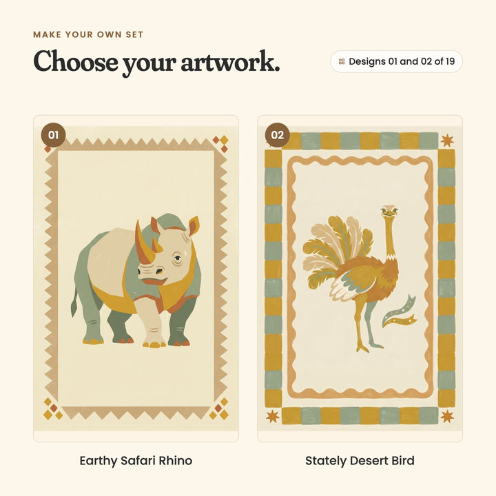 Designs 01 and 02 of 19: Earthy Safari Rhino, a rhino inside a tan zigzag border, and Stately Desert Bird, an ostrich with fanned feathers inside a mustard and sage checked border
