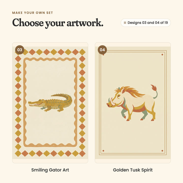 Designs 03 and 04 of 19: Smiling Gator Art, a crocodile inside a mustard and rust diamond border, and Golden Tusk Spirit, a warthog with tusks and a ginger mane