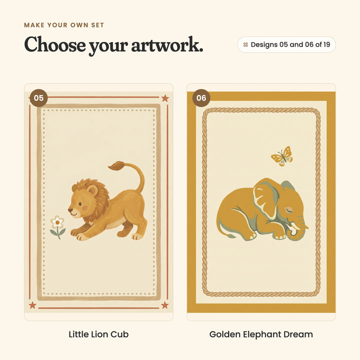 Designs 05 and 06 of 19: Little Lion Cub, a lion cub crouching by a small flower, and Golden Elephant Dream, a mustard baby elephant asleep with a butterfly