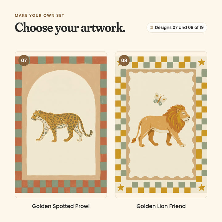 Designs 07 and 08 of 19: Golden Spotted Prowl, a leopard walking under an arch, and Golden Lion Friend, a lion walking with a butterfly inside a checked border with stars