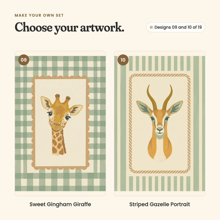 Designs 09 and 10 of 19: Sweet Gingham Giraffe, a giraffe's head and neck inside a sage gingham border, and Striped Gazelle Portrait, a gazelle head with long curved horns