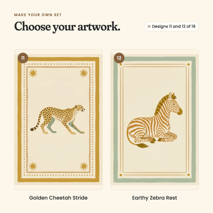 Designs 11 and 12 of 19: Golden Cheetah Stride, a cheetah walking inside a mustard border with little suns, and Earthy Zebra Rest, a zebra lying down inside a sage border