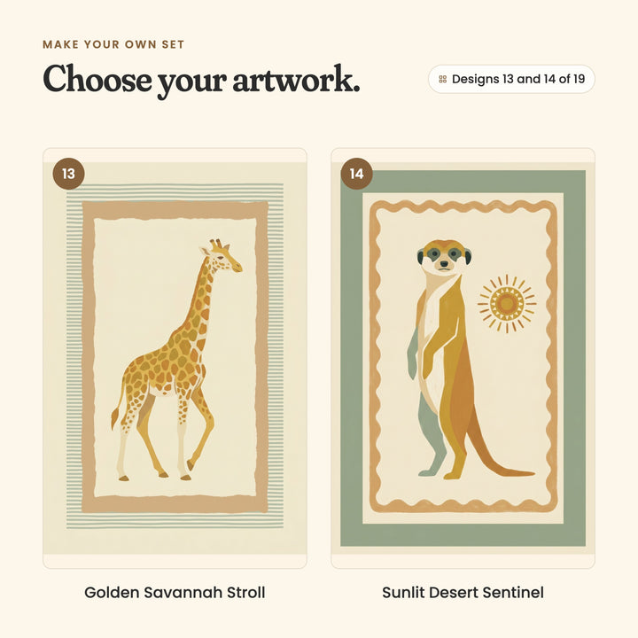 Designs 13 and 14 of 19: Golden Savannah Stroll, a giraffe walking inside thin sage stripes, and Sunlit Desert Sentinel, a meerkat standing beside a sun
