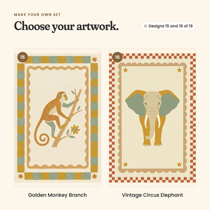 Designs 15 and 16 of 19: Golden Monkey Branch, a monkey climbing a branch with a flower, and Vintage Circus Elephant, an elephant facing forward with big sage ears inside a rust checked border with stars