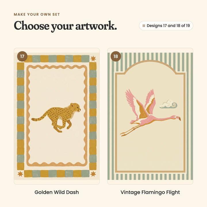 Designs 17 and 18 of 19: Golden Wild Dash, a cheetah running, and Vintage Flamingo Flight, a pink flamingo flying past a small cloud under an arch