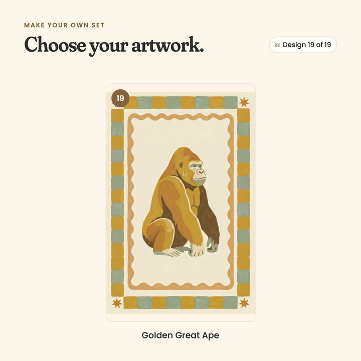 Design 19 of 19: Golden Great Ape, a gorilla sitting inside a checked border