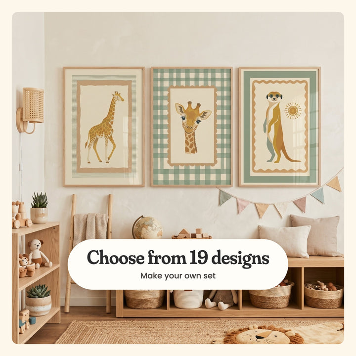 Playroom with three safari animal prints in light wood frames beside a rattan wall sconce, a wooden shelf with knit toys and wooden cars, a ladder with a throw, a globe and a low bench with woven baskets and cushions, with bunting and a lion-face rug: a giraffe walking inside thin sage stripes, a giraffe inside a sage gingham border and a meerkat standing beside a sun, labeled Choose from 19 designs, Make your own set