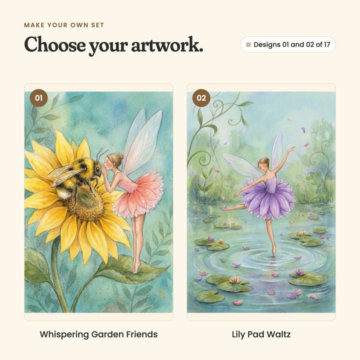 Designs 01 and 02 of 17: Whispering Garden Friends, a fairy in a coral petal skirt whispering to a bumblebee on a sunflower, and Lily Pad Waltz, a fairy in a lavender petal skirt dancing on a lily pond