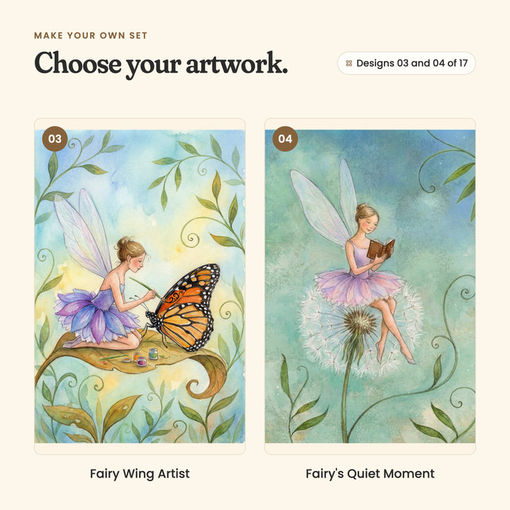 Designs 03 and 04 of 17: Fairy Wing Artist, a fairy on a leaf brushing color onto a monarch butterfly's wing, and Fairy's Quiet Moment, a fairy reading a book on a dandelion clock