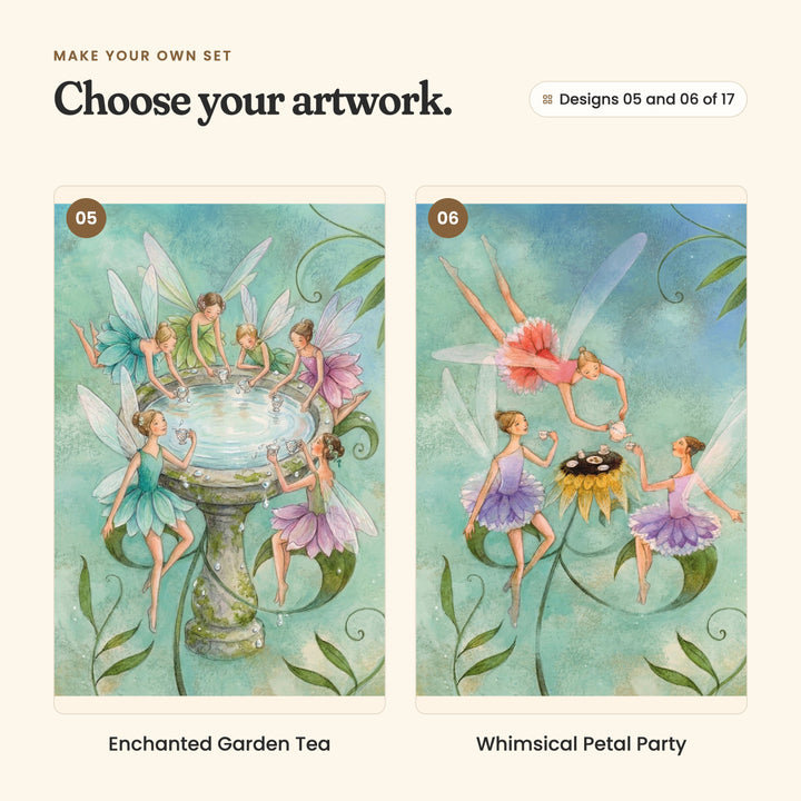 Designs 05 and 06 of 17: Enchanted Garden Tea, six fairies sipping tea round a mossy birdbath, and Whimsical Petal Party, three fairies at a tea party on a sunflower, one pouring from above