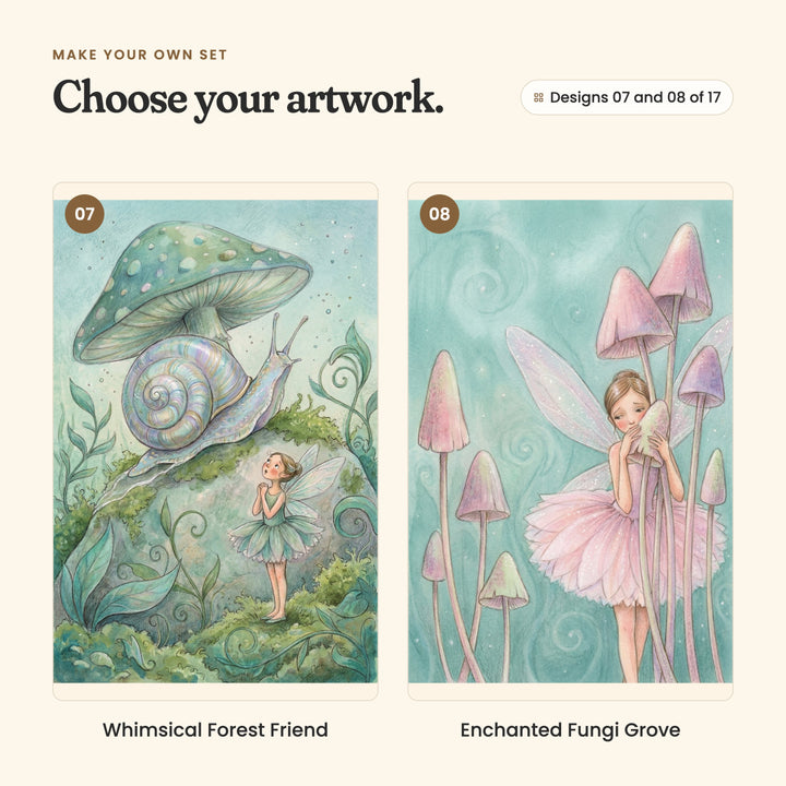Designs 07 and 08 of 17: Whimsical Forest Friend, a fairy gazing up at a shimmering snail under a toadstool, and Enchanted Fungi Grove, a fairy in a pink tutu hugging a mushroom among tall pink mushrooms