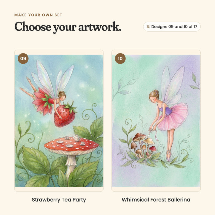 Designs 09 and 10 of 17: Strawberry Tea Party, a fairy carrying a strawberry over a tea set on a red toadstool, and Whimsical Forest Ballerina, a fairy in a pink tutu tying a ribbon round little mushrooms