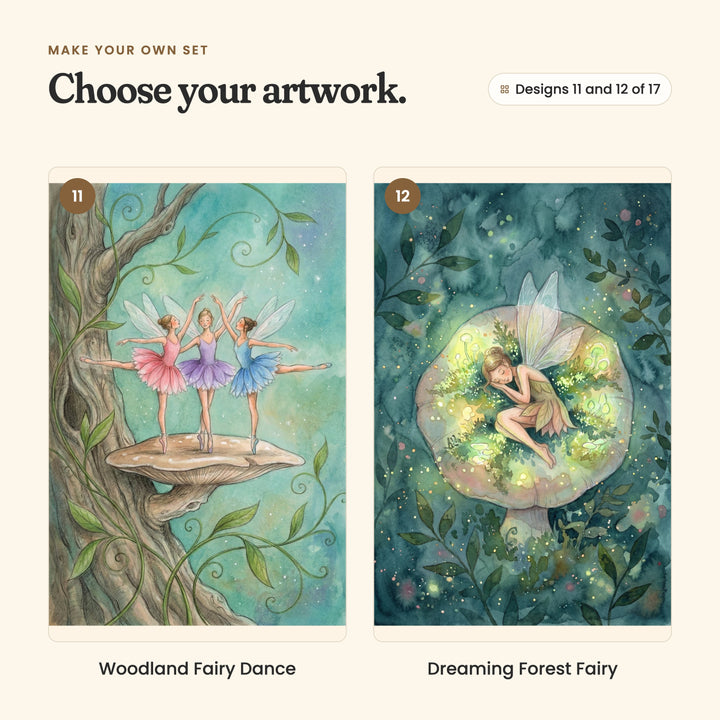 Designs 11 and 12 of 17: Woodland Fairy Dance, three fairy ballerinas in pink, lavender and blue on a tree fungus, and Dreaming Forest Fairy, a fairy asleep on a glowing mushroom among fireflies
