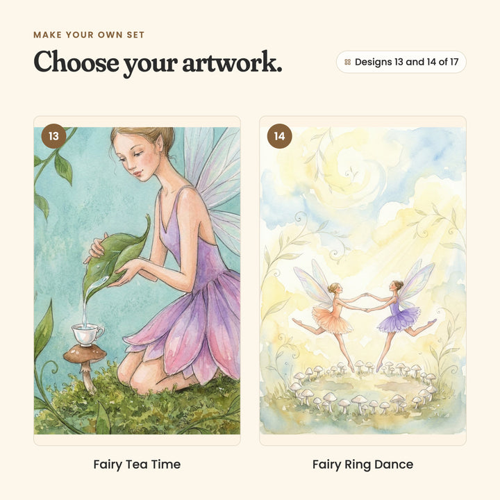 Designs 13 and 14 of 17: Fairy Tea Time, a fairy pouring water from a leaf into a teacup on a mushroom, and Fairy Ring Dance, two fairies dancing hand in hand over a ring of mushrooms