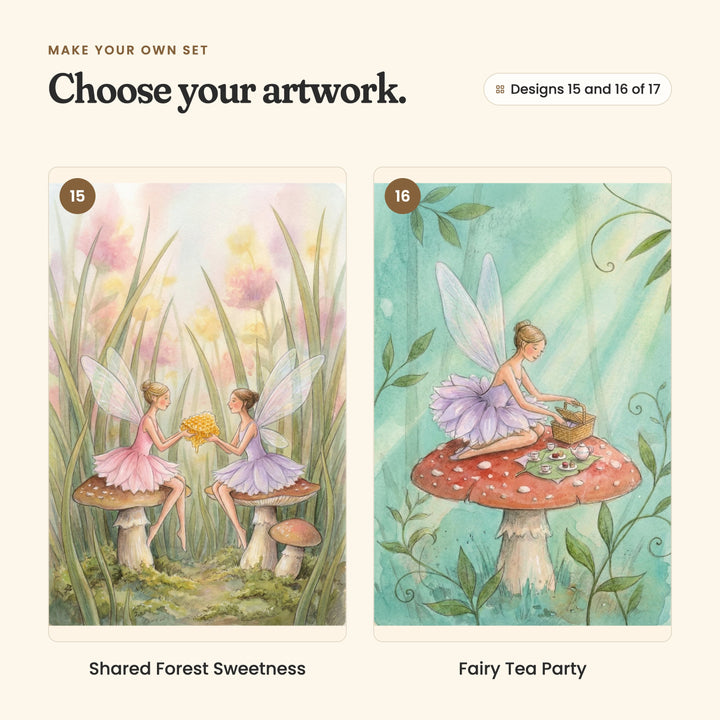 Designs 15 and 16 of 17: Shared Forest Sweetness, two fairies sharing a honeycomb on toadstools in tall grass, and Fairy Tea Party, a fairy setting out a picnic tea on a red toadstool