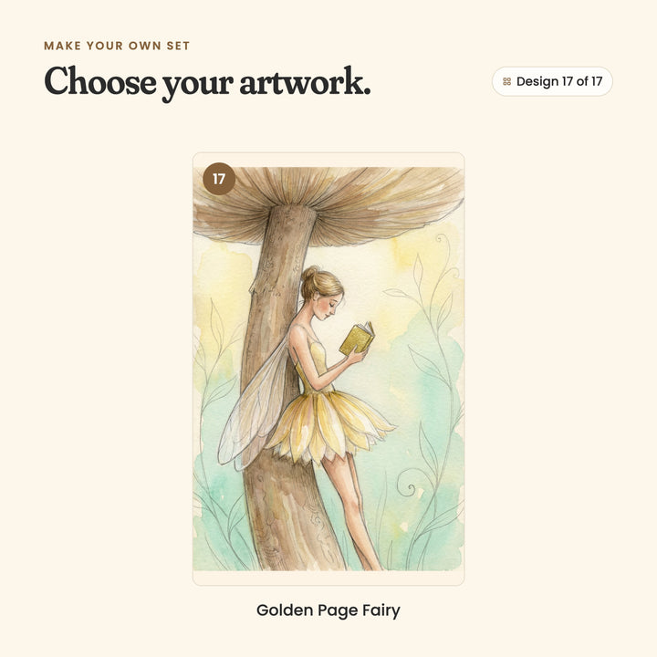 Design 17 of 17: Golden Page Fairy, a fairy in a yellow petal skirt reading against a mushroom stem