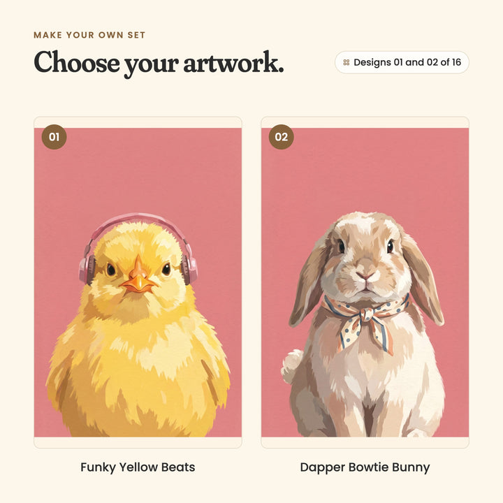 Designs 01 and 02 of 16: Funky Yellow Beats, a yellow chick in pink headphones, and Dapper Bowtie Bunny, a lop-eared bunny in a polka-dot scarf
