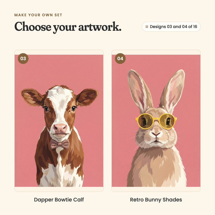 Designs 03 and 04 of 16: Dapper Bowtie Calf, a brown calf in a bow tie, and Retro Bunny Shades, a bunny in yellow round glasses
