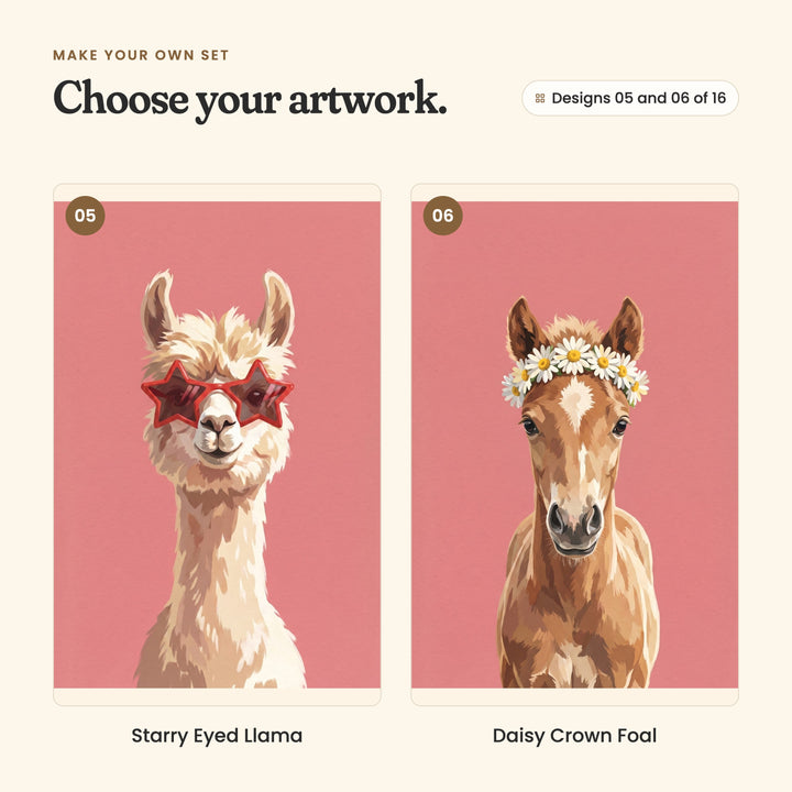 Designs 05 and 06 of 16: Starry Eyed Llama, a llama in red star-shaped glasses, and Daisy Crown Foal, a foal wearing a daisy crown