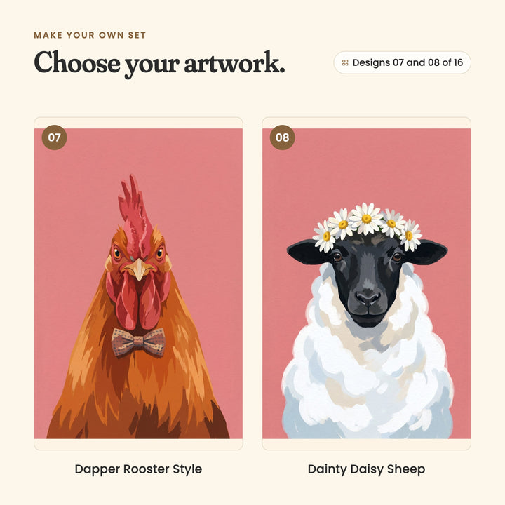 Designs 07 and 08 of 16: Dapper Rooster Style, a rooster in a bow tie, and Dainty Daisy Sheep, a black-faced sheep in a daisy crown
