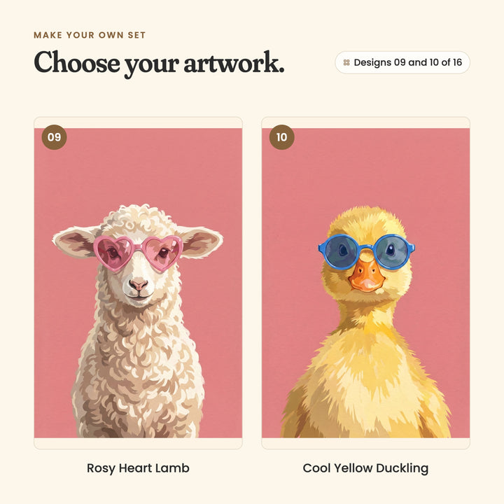 Designs 09 and 10 of 16: Rosy Heart Lamb, a lamb in pink heart-shaped glasses, and Cool Yellow Duckling, a yellow duckling in blue glasses