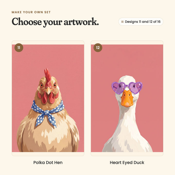 Designs 11 and 12 of 16: Polka Dot Hen, a hen in a blue polka-dot scarf, and Heart Eyed Duck, a white duck in purple heart-shaped glasses