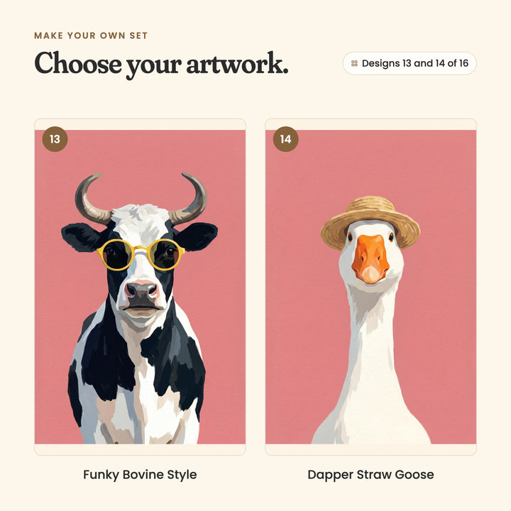 Designs 13 and 14 of 16: Funky Bovine Style, a black and white cow with horns in yellow glasses, and Dapper Straw Goose, a goose in a straw hat